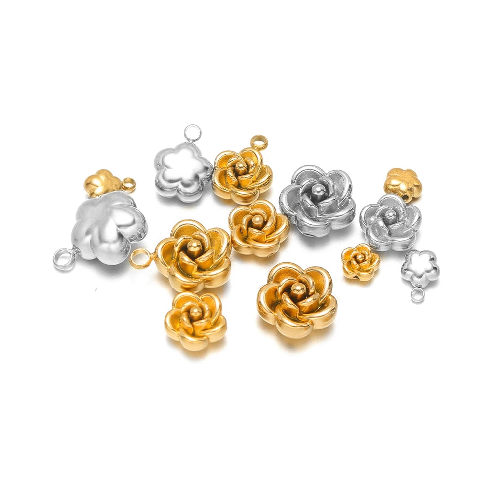 Rose flower charm pendants set in mixed gold and silver-tone stainless steel