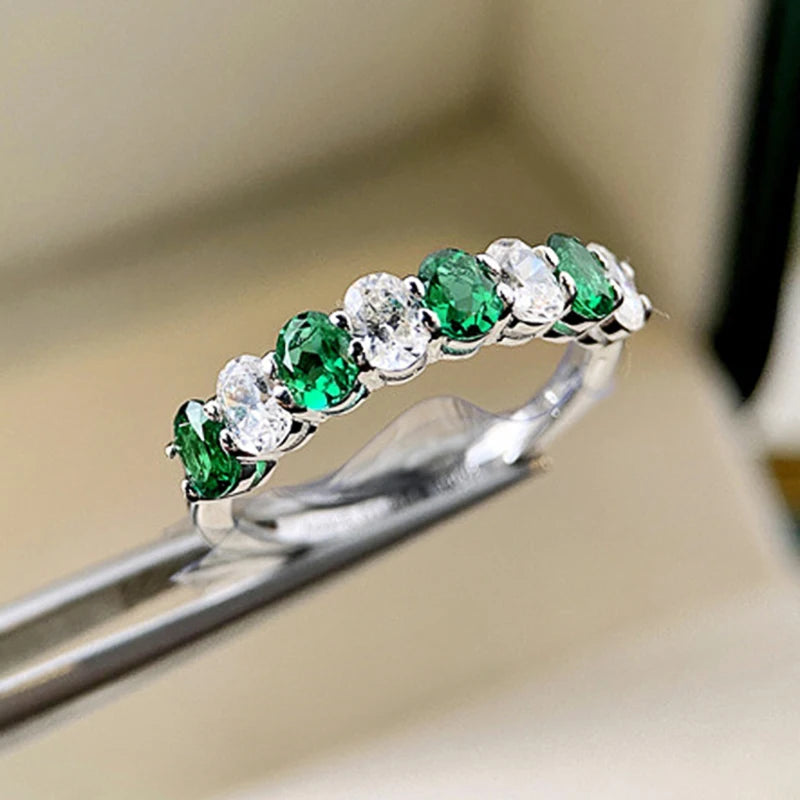 Silver Color Chic Green/White Cubic Zirconia Women Rings Wedding Band Jewelry