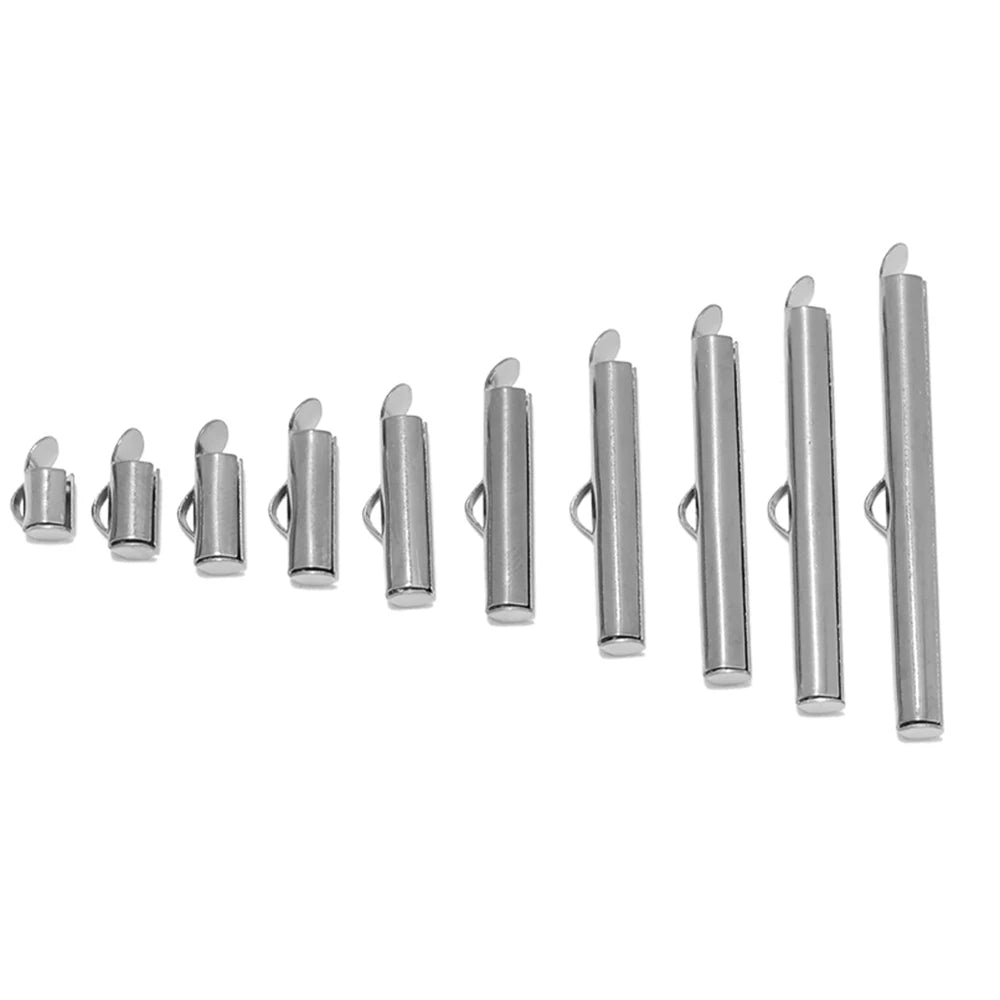 Steel crimp end caps with loop openings, assorted sizes in a row
