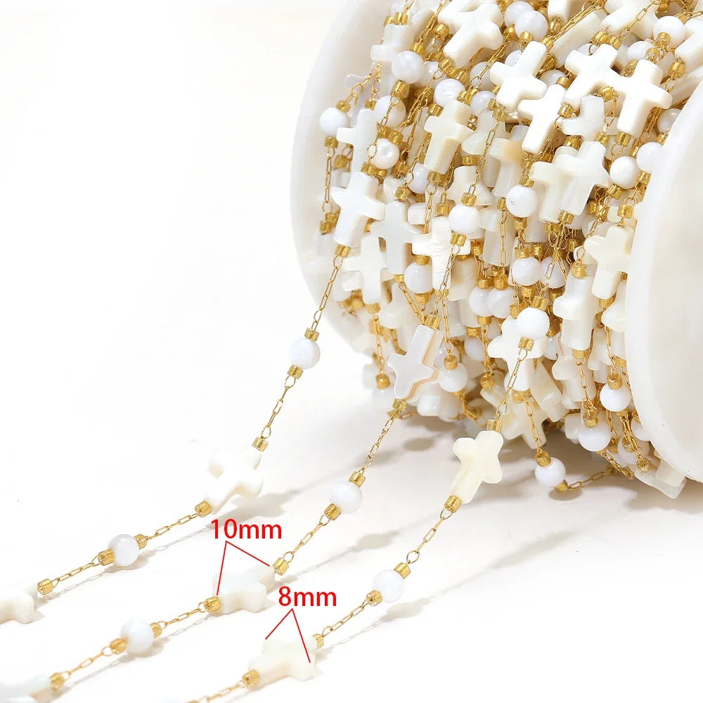Shell bead chain with white shell shapes and gold-tone chain, (10mm/8mm marked)