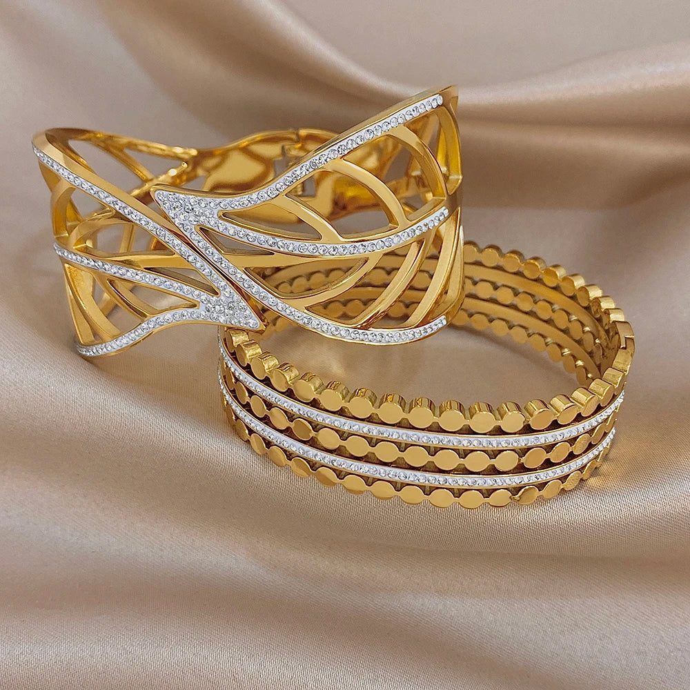 Exaggerated Geometric Zircon Leaf Cuff Bangle Exquisite Gold Plated Stainless Steel Chunky Bracelets Waterproof Jewelry Set