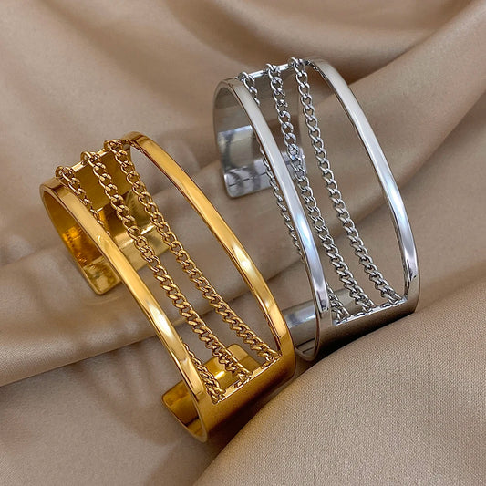 Fashion Gold Silver Color Stainless Steel Cuff Bracelets for Women Chunky Multilayer Thick Chain Wide Bangle Waterproof Jewelry