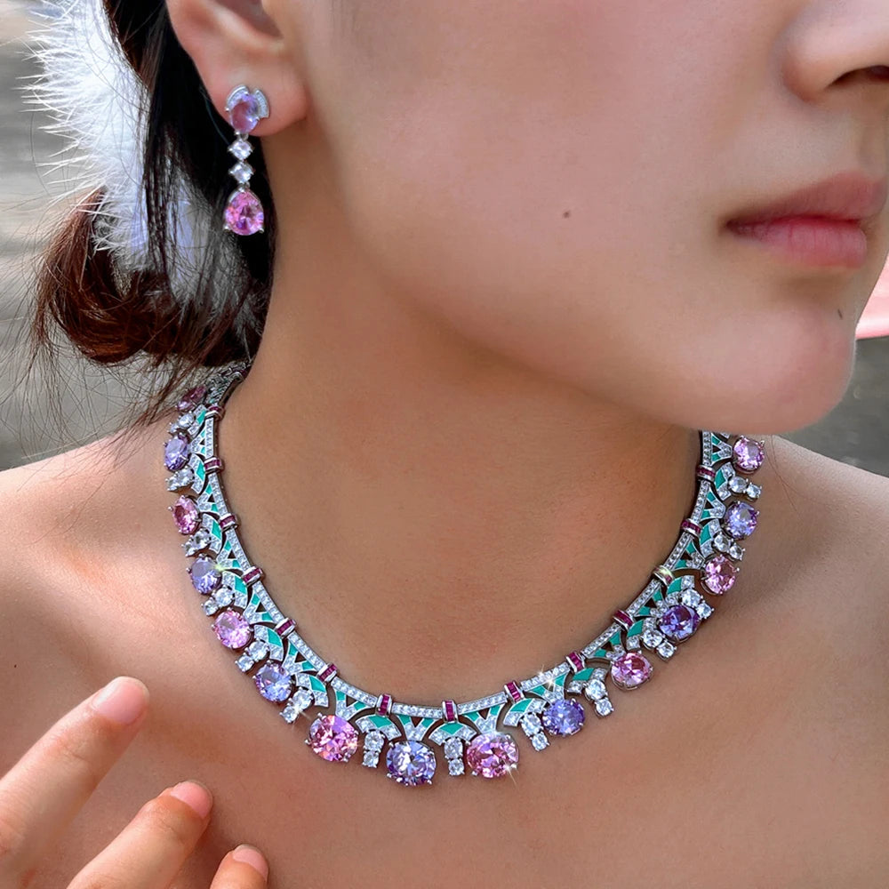 Handmade Multicolor CZ Crystal Jewelry Sets for Women Drop Earrings &Necklace Enamel Wedding Engagement Gift