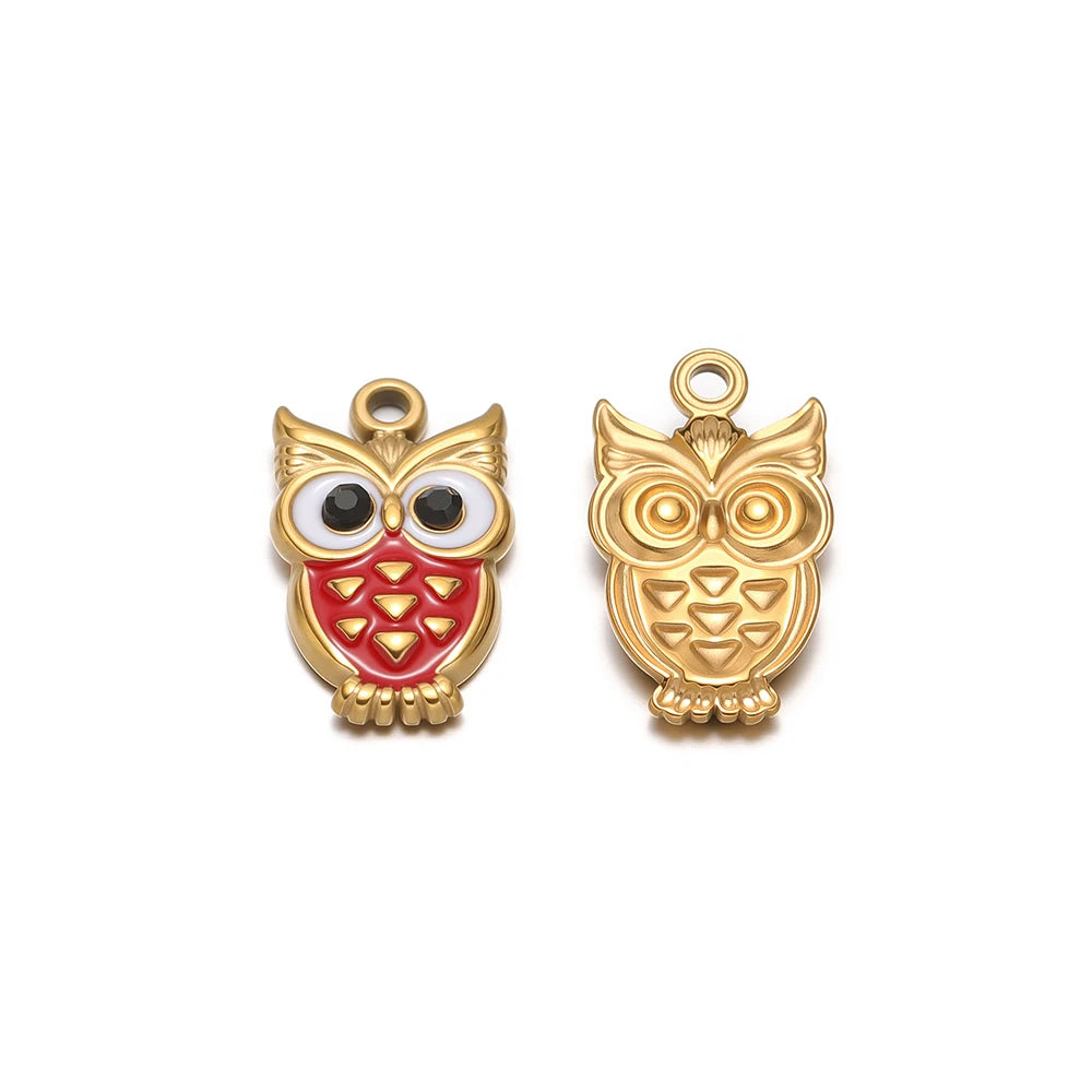 Gold-tone owl enamel charm pendants with hanging loop, front/back pair