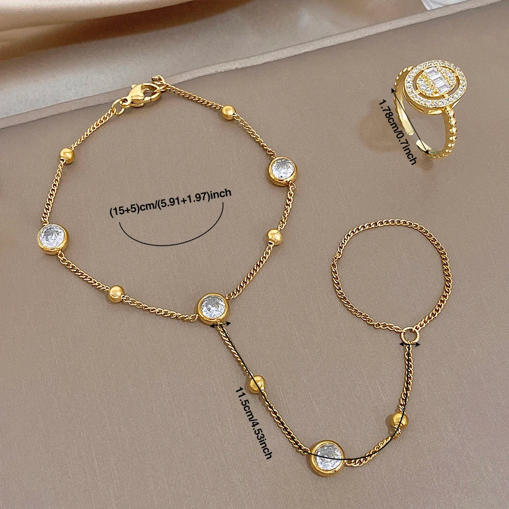 Gold-plated zircon chain bracelet set with round bead charms and rings