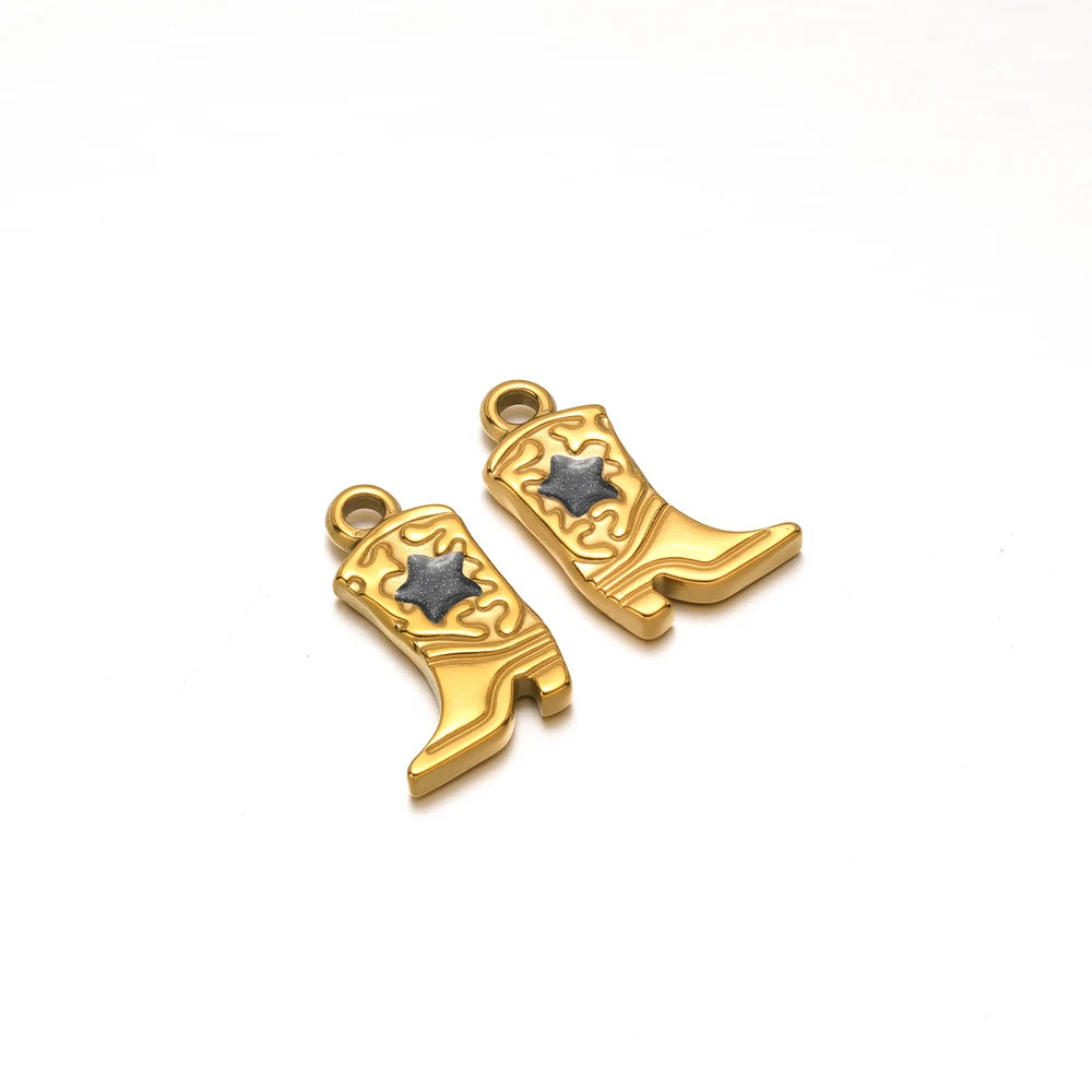 Gold-tone long boot charms with gray star inlay and small hanging loops