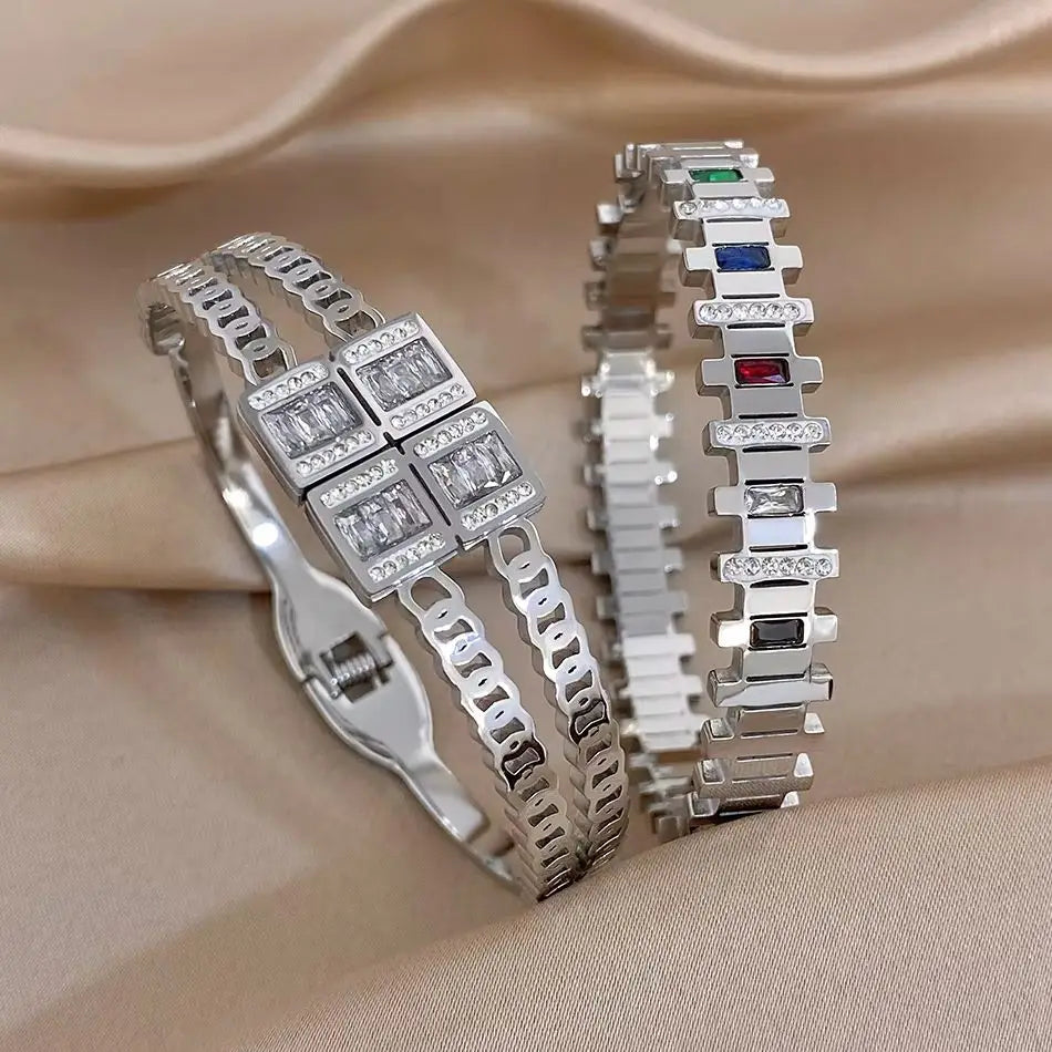 Silver-toned zircon cuff bracelets with irregular geometric square stone accents, 2-piece set