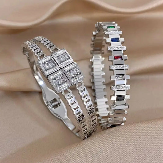 Silver-toned zircon cuff bracelets with irregular geometric square stone accents, 2-piece set
