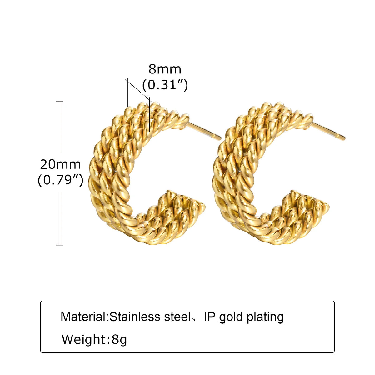 Gold-tone rope-twist hoop earrings, 20 mm tall with 8 mm wide bands