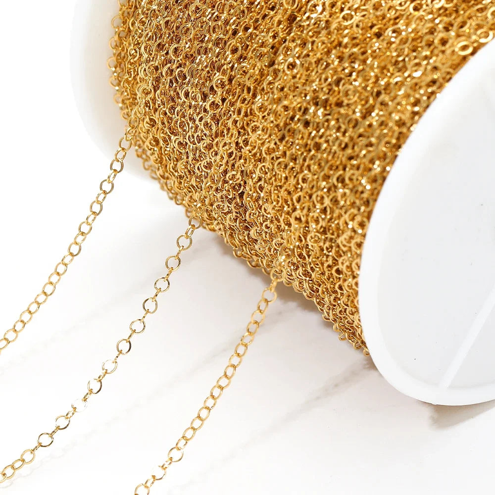 Gold o-ring chain on white spool with hanging links