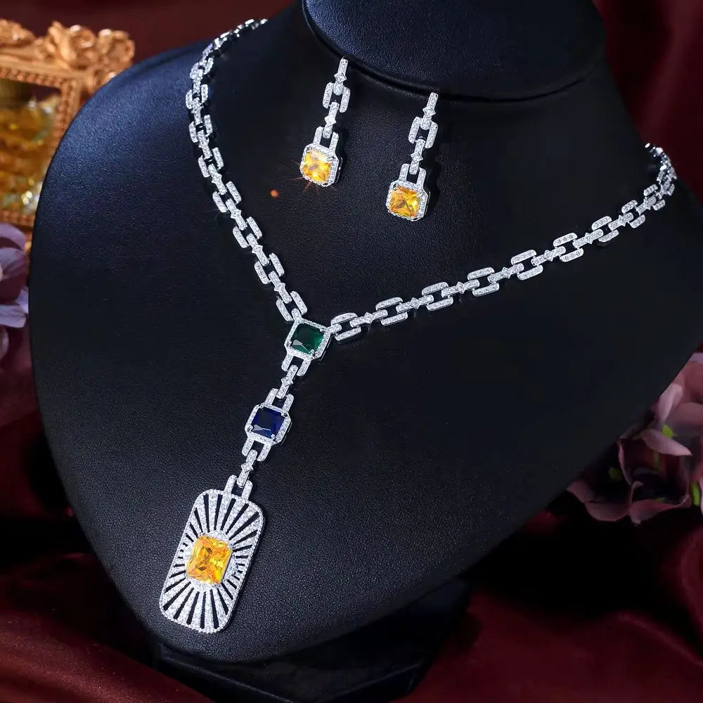 Zirconia cuban link necklace set with square charms, green and blue stones, heart pendant