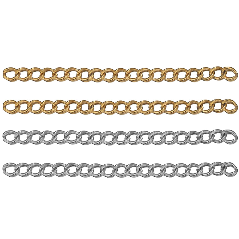 Assorted welded extension chains in gold and silver tones with ring links