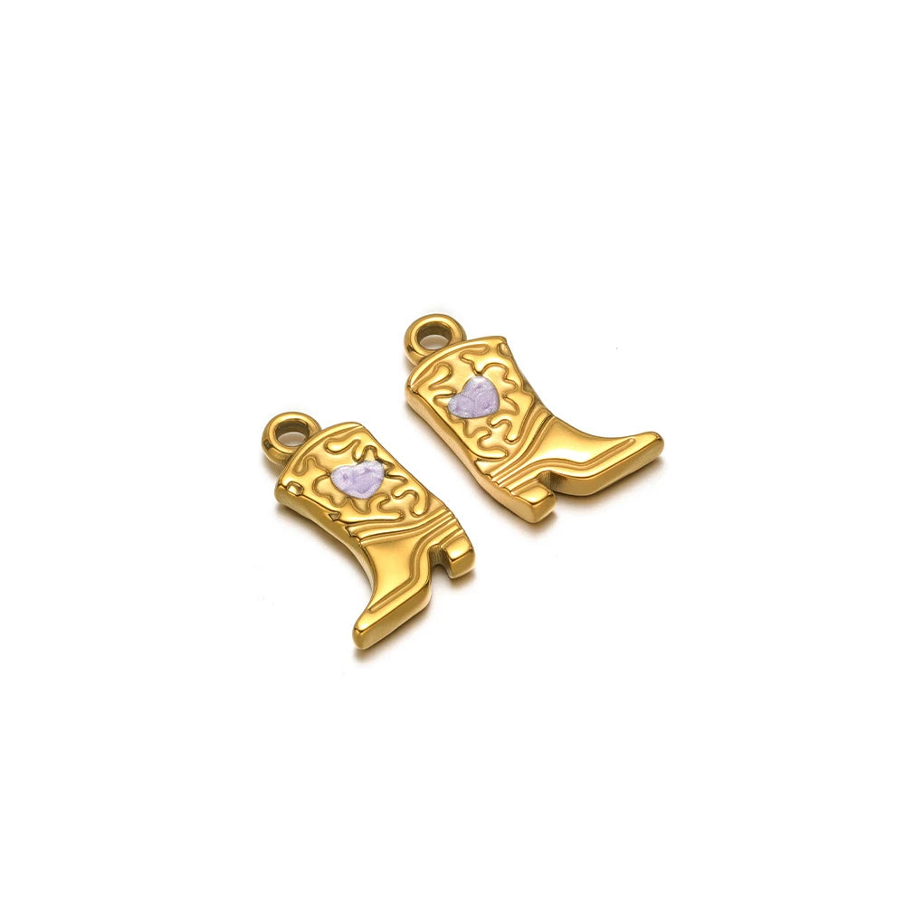 Gold-tone long boot charms with purple star inlay and small hanging loops