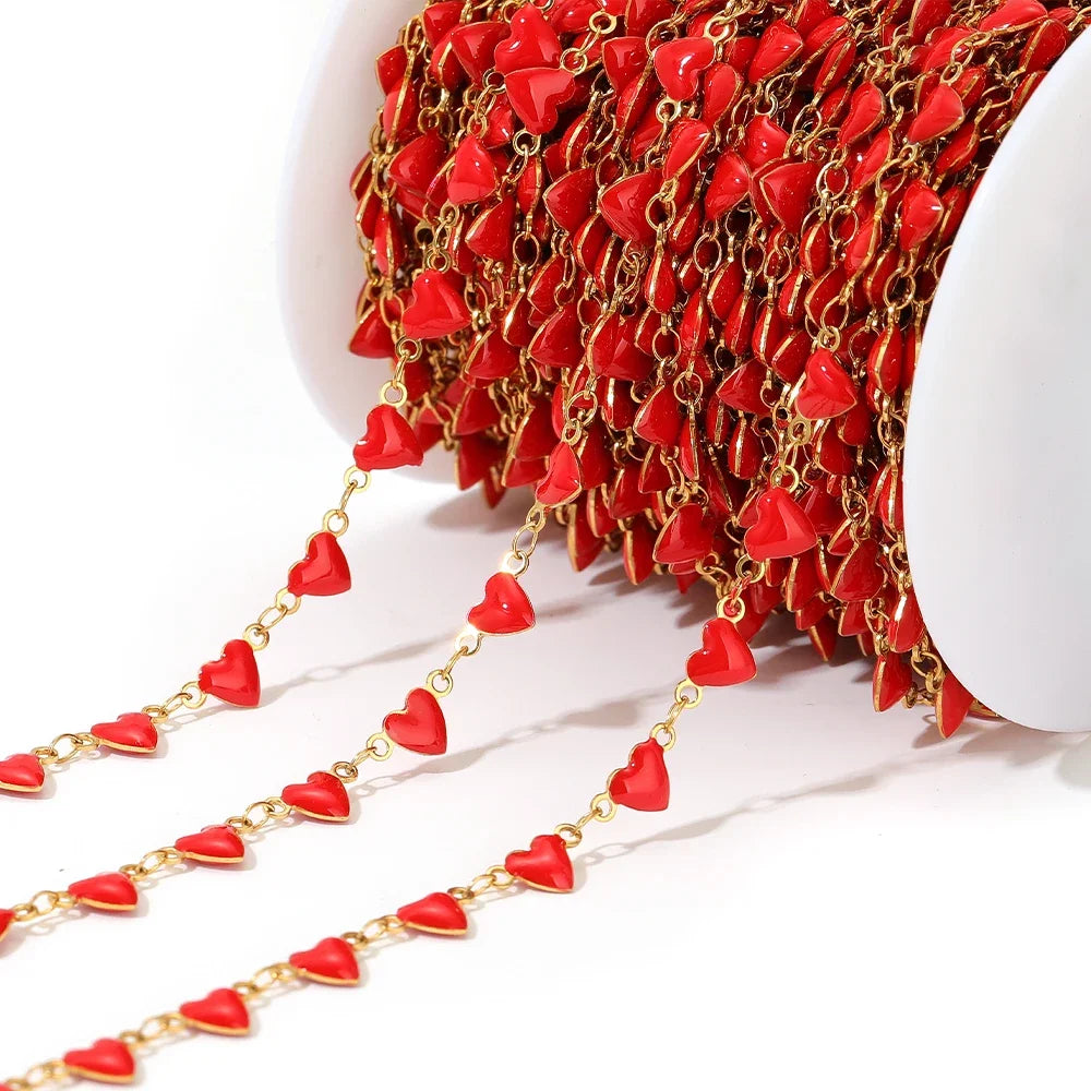 Red enamel heart charm chain with gold-tone links for DIY jewelry making
