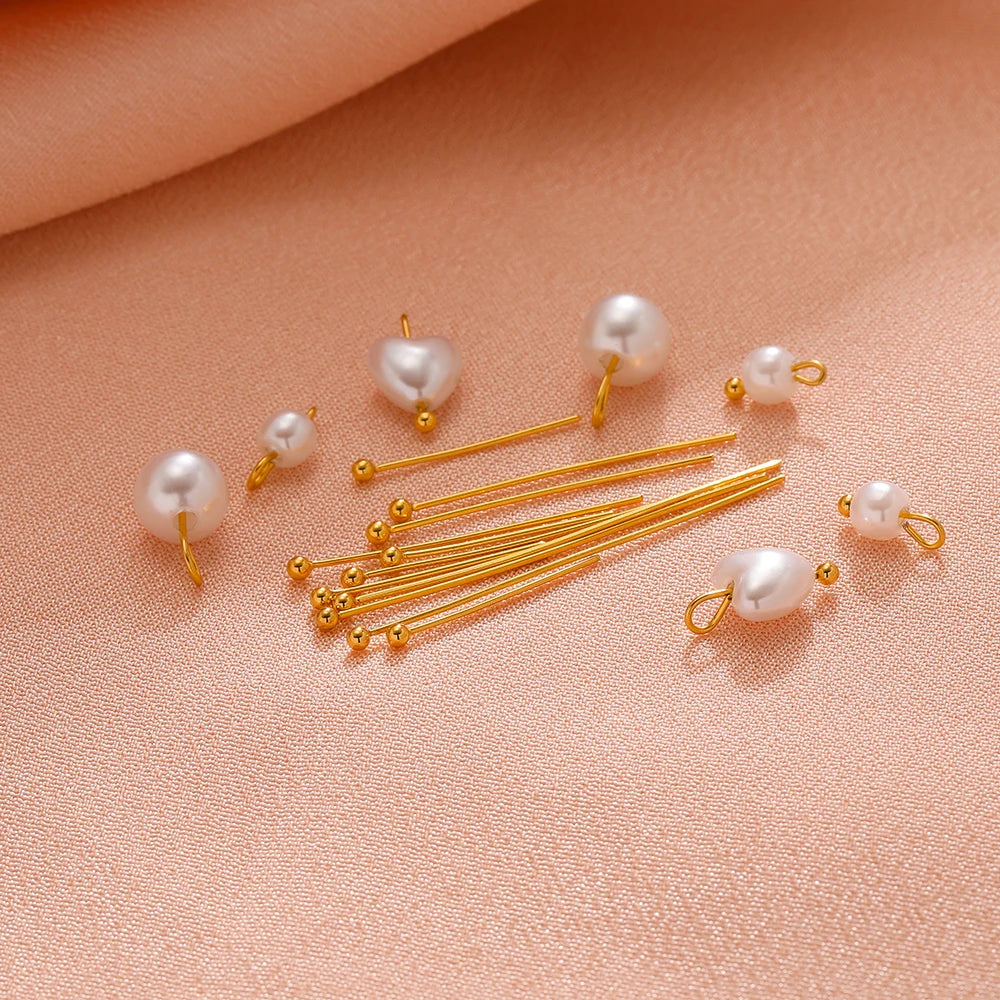 Gold ball head pins with small pearl beads and loop connectors for earrings