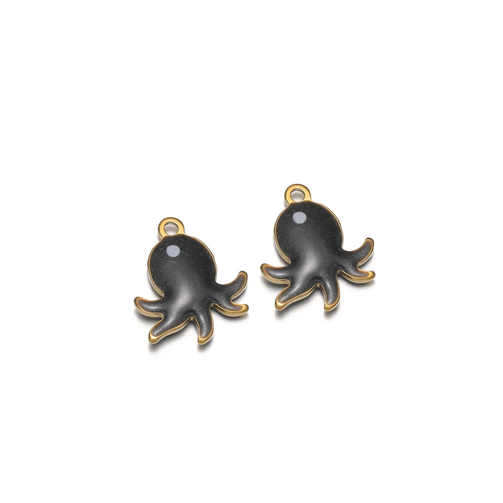 Black enamel octopus charms with gold-tone loop, two pendant figures