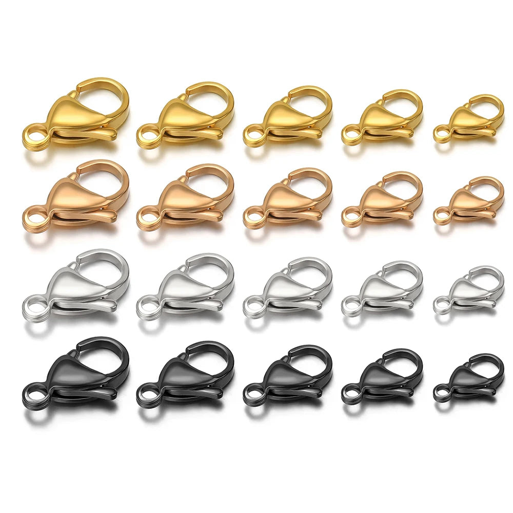 Assorted lobster clasp hooks in gold, rose gold, silver, and black