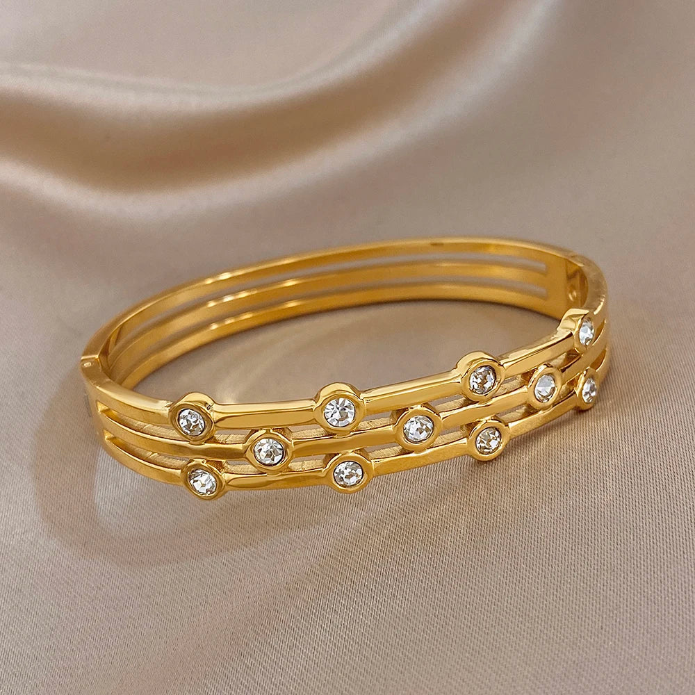 Glossy Zircon Beads Multilayer Wide Bracelets for Women Fashion Gold Plated Stainless Steel Cuff Bangle Waterproof Jewelry