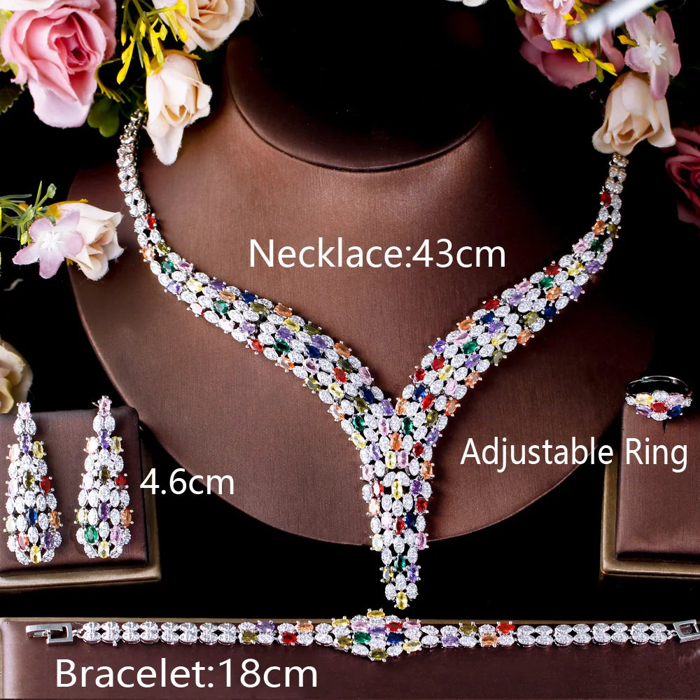 Multicolor cubic zirconia bridal set: necklace, adjustable ring, bracelet, and earrings