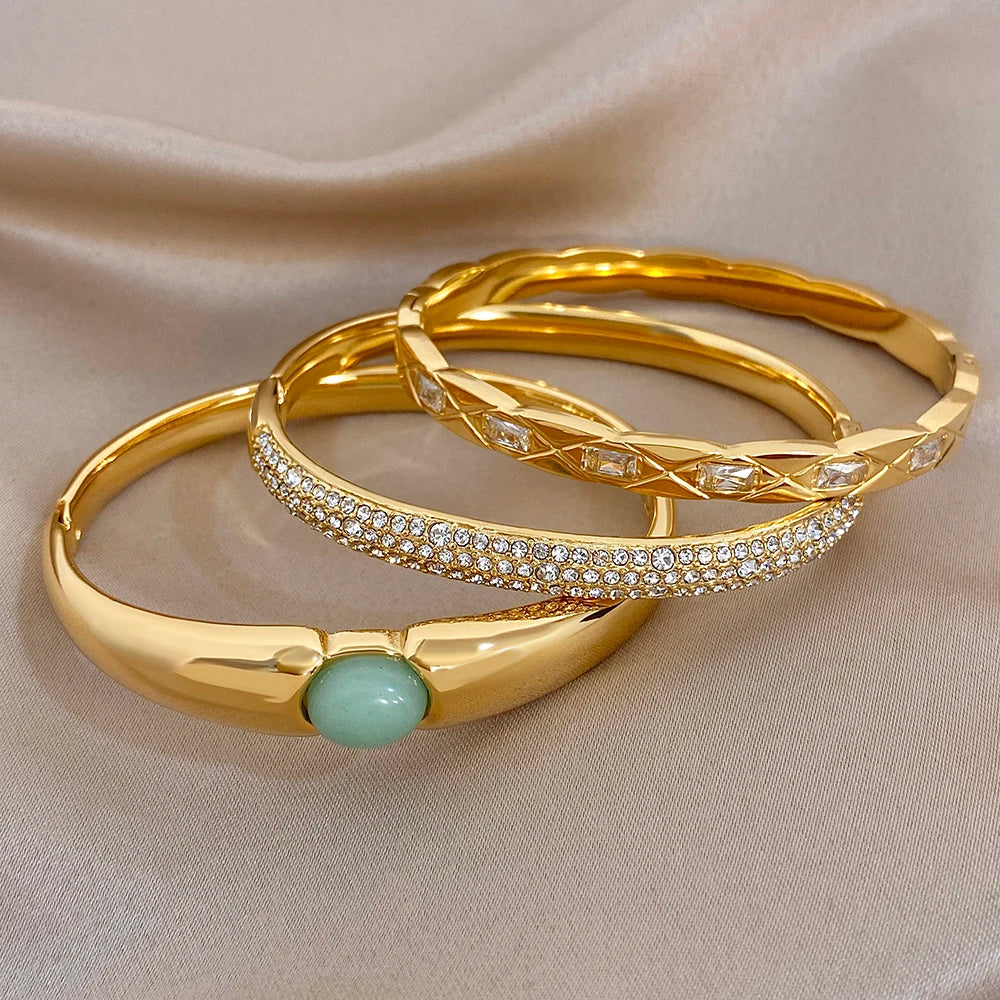 Vintage Gold Plated Stainless Steel Cuff Bangle for Women Men Glossy Geometric Zircon Wide Bracelets Waterproof Jewelry