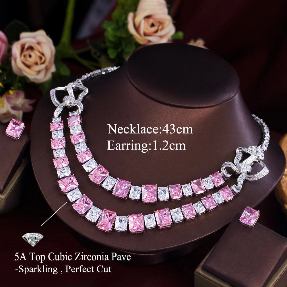 Pink and clear square-stone double-layer necklace with matching earrings