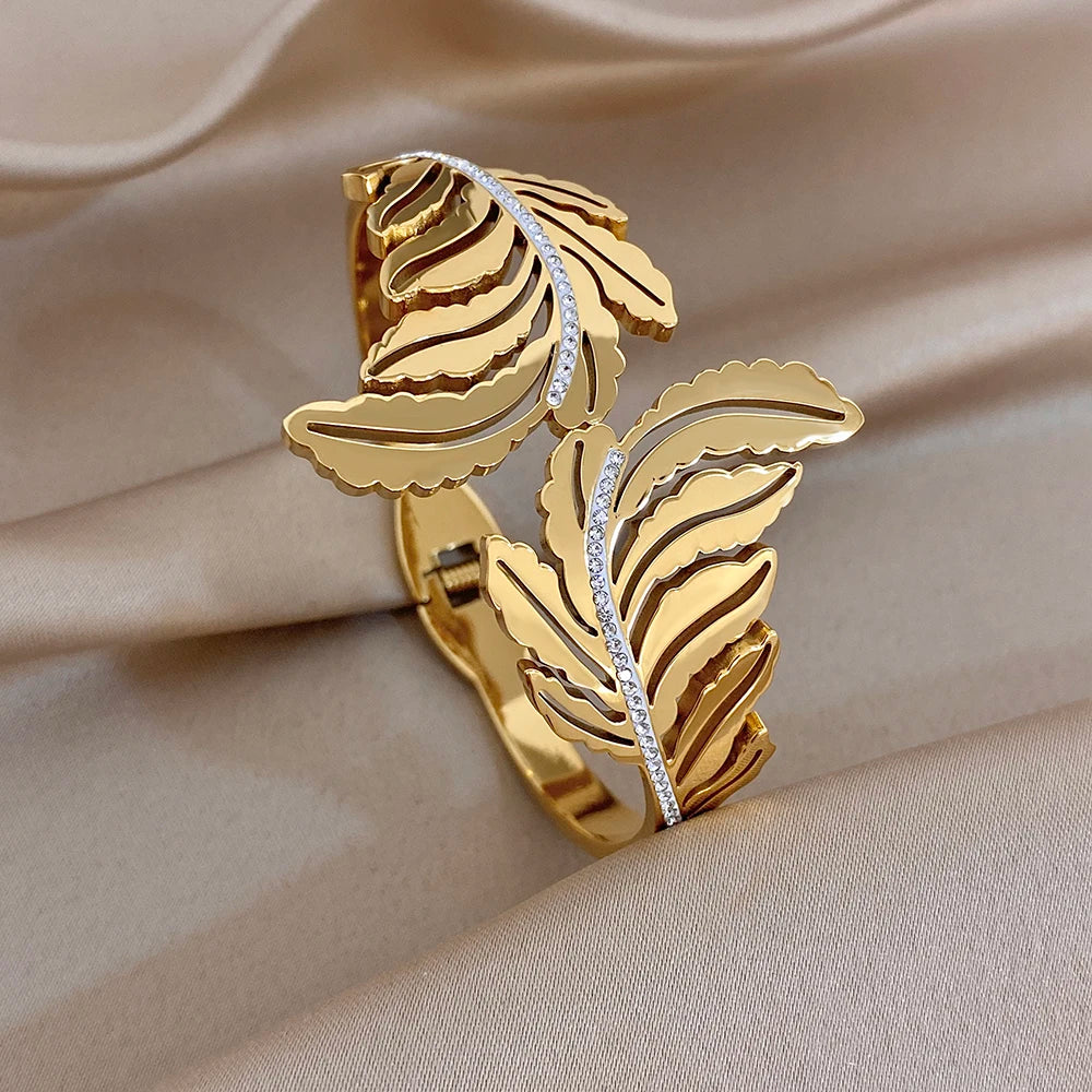 Chunky Gold Plated Stainless Steel Cuff Bangle for Women Men Glossy Leaf Feather Zircon Wide Bangle Bracelets Waterproof Jewelry