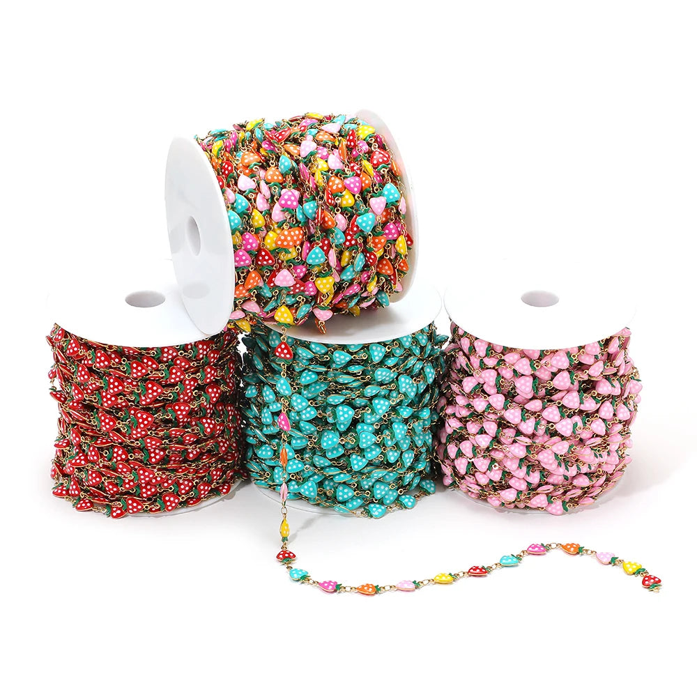 Enamel strawberry charm chain on spools, red, turquoise, and pink colors for DIY jewelry