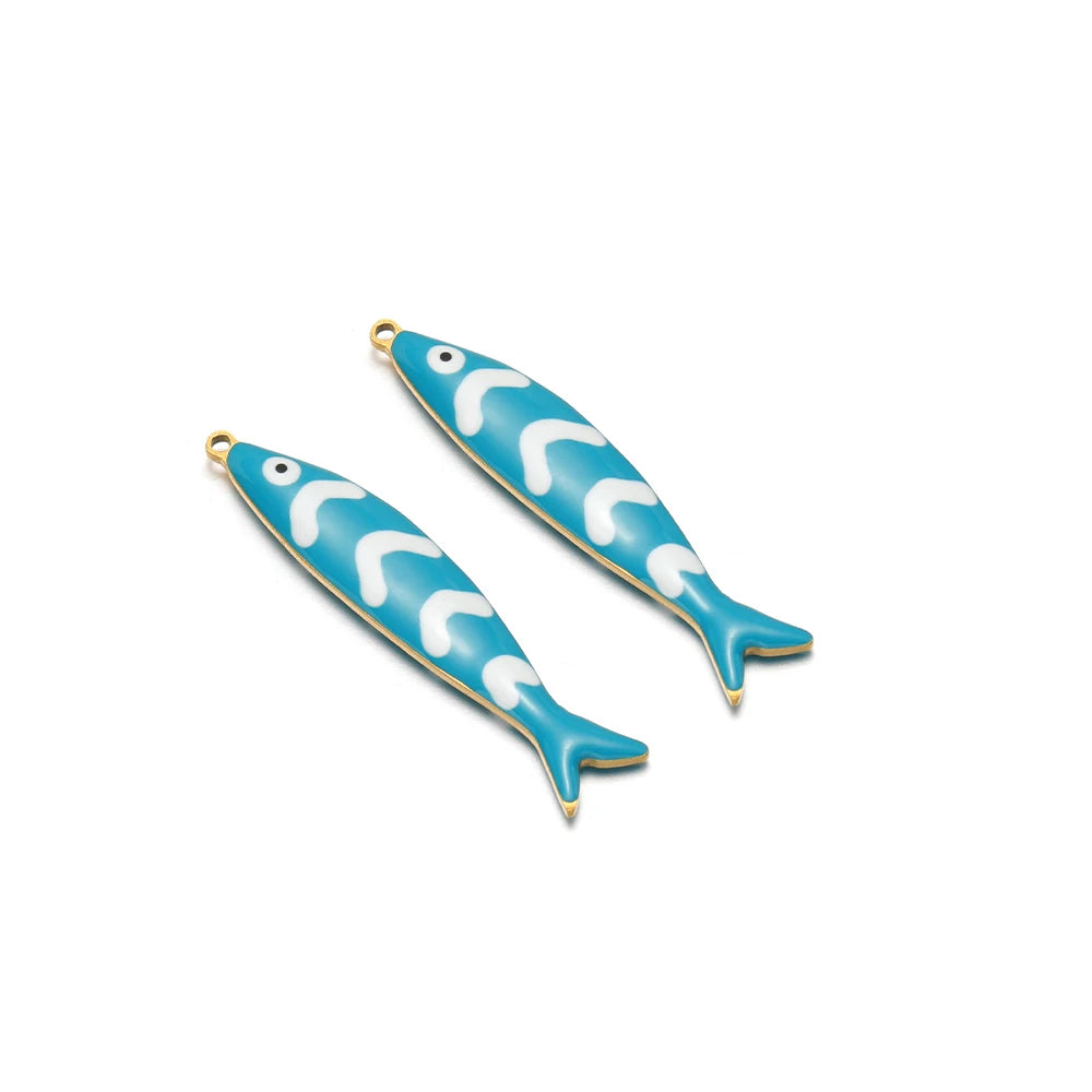 Blue fish charms with enamel stripes, stainless steel loop, set of 2