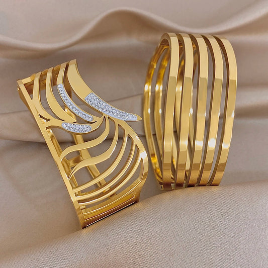 Irregular Geometric Zircon Wide Bracelets for Women Unique Design Gold Plated Stainless Steel Cuff Bangle Waterproof Jewelry Set