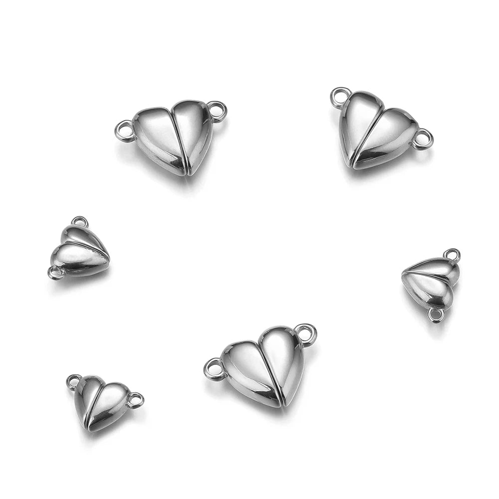 Silver heart-shaped magnetic clasp connectors, five-piece set with metal loop rings.