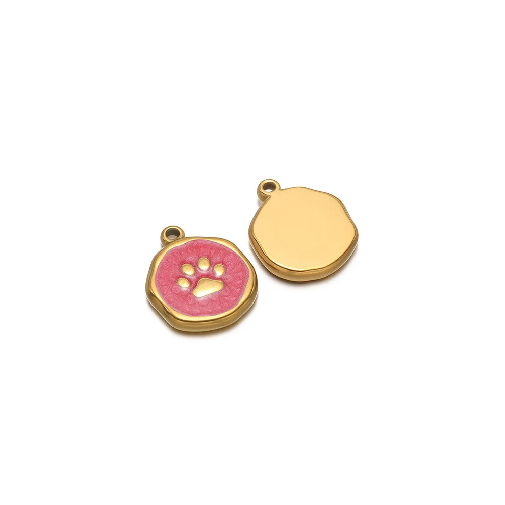 Enamel paw print charm pendant, hot pink round with gold-tone border and plain gold-tone charm