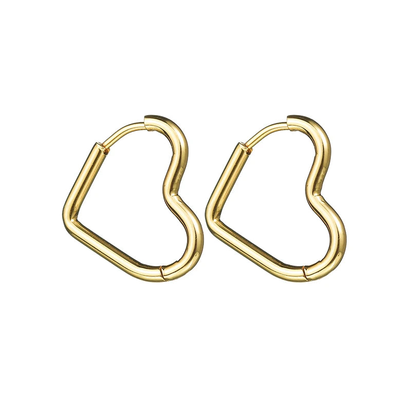 Gold glossy heart-shaped hoop earrings pair, outlined design