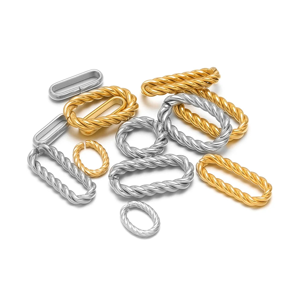 Gold and silver braided oval twist-open charms with bezel connector loops