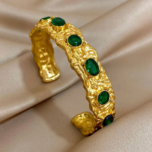 Vintage Green Zircon Stainless Steel Cuff Bracelet Chunky Geometric Textured Gold Plated Open Bangles Waterproof Jewelry