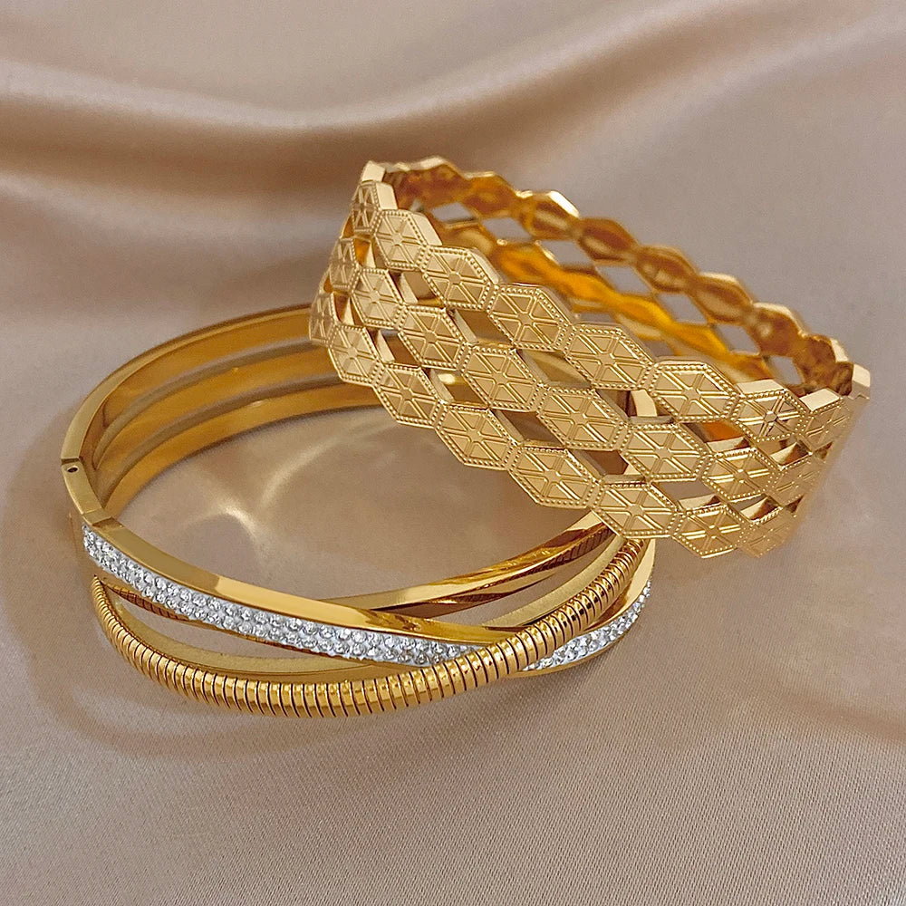 Chunky Gold Plated Stainless Steel Bangle Bracelets Exaggerated Hollow Geometric Textured Cuff Bangles Waterproof Jewelry Set