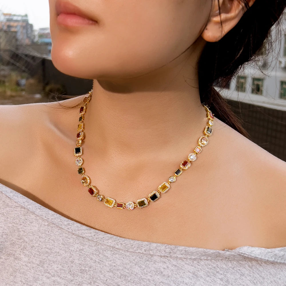 Multi Color Cubic Zirconia Irregular Chain Necklace for Women Daily Party Engagement Jewelry