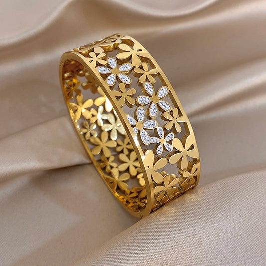 Exaggerated Gold Plated Stainless Steel Cuff Bangle for Women Exquisite Rhinestone Flower Wide Bracelets Waterproof Jewelry