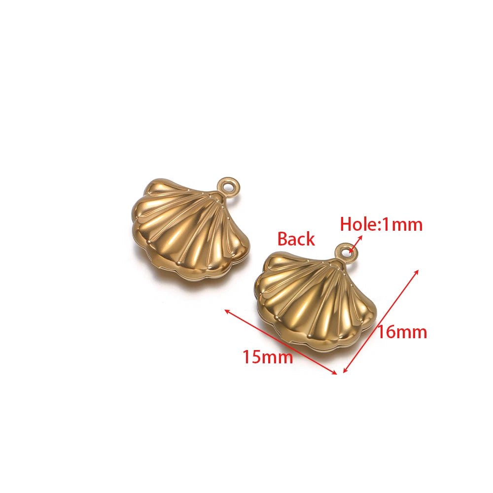 Gold hollow clam shell pendant charm, front and back with loop and hole