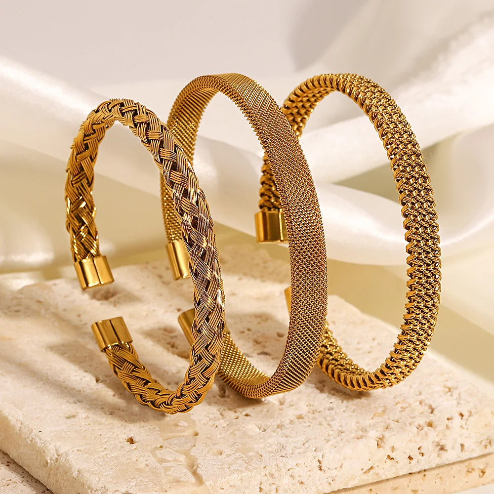 Vintage Gold Plated Stainless Steel Weave Bracelet for Women Men Exquisite Chunky Cuff Bangle Bracelets Waterproof Jewelry