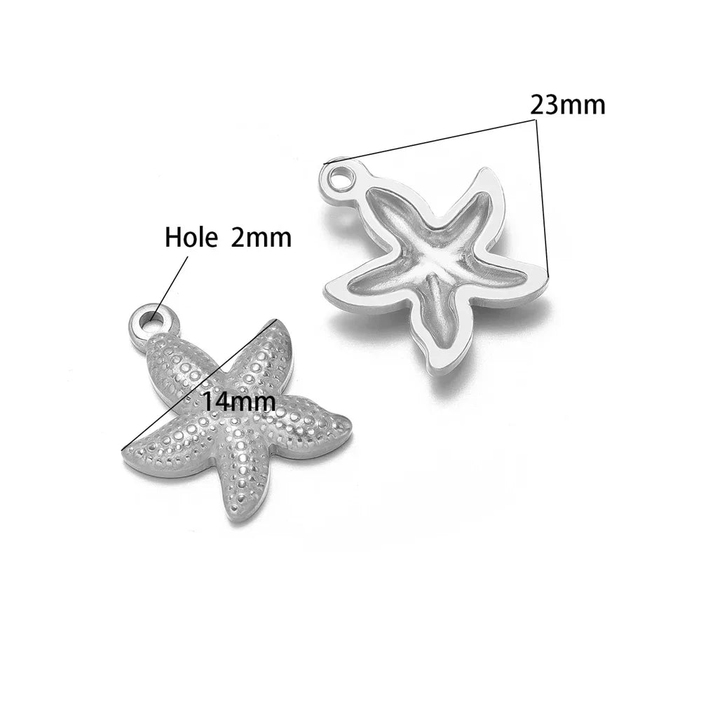 Silver starfish charms with 2mm hole, 14mm and 23mm sizes, loop bails