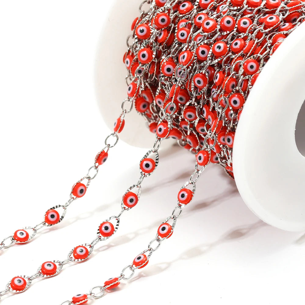 Evil eye bead chain with silver links and red eye charms with white centers