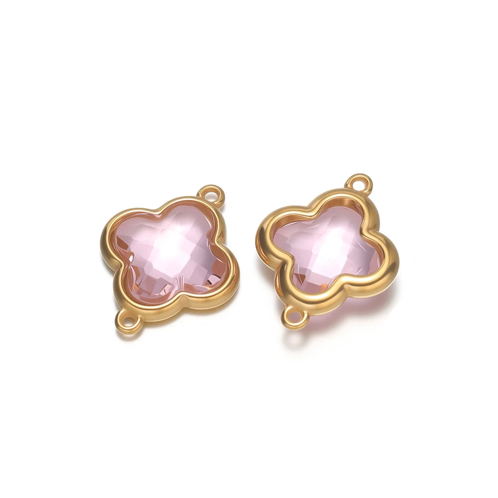 Four-leaf clover glass charm pendant in pink with gold-tone loops, for DIY jewelry