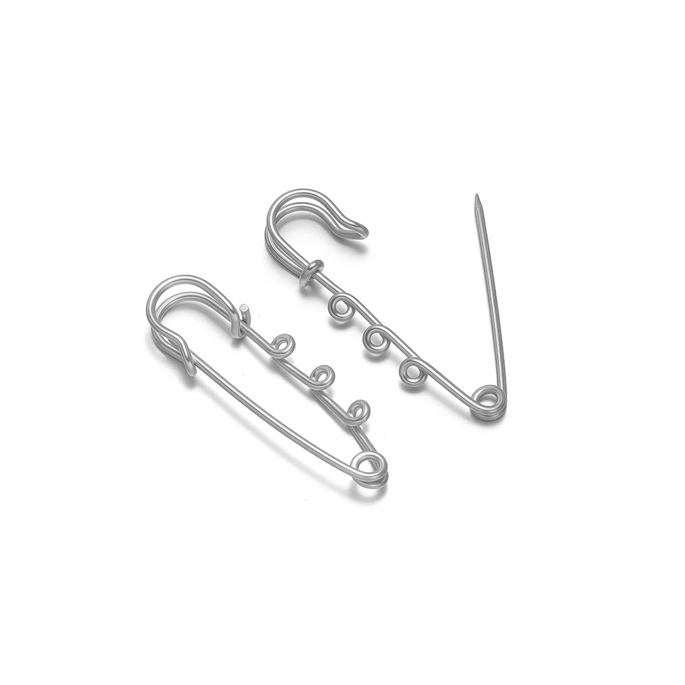 Steel safety pin brooch connectors with multi-hole pin bar and loop clasps
