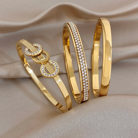 Glossy Gold Plated Stainless Steel Cuff Bangle for Women Trendy Micro Inlaid Zircon Stackable Bracelets Waterproof Jewelry