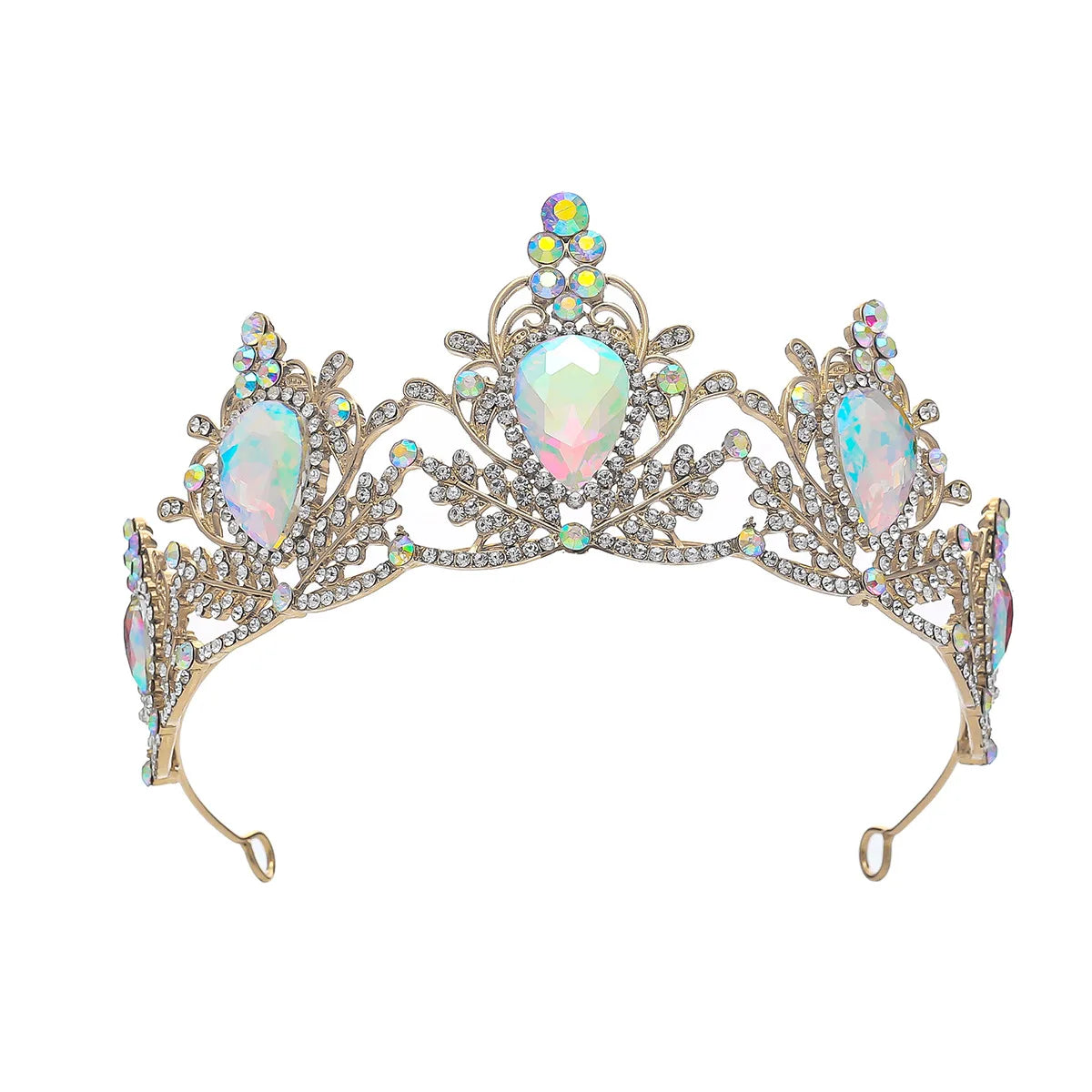 Gold bridal tiara with rainbow AB oval stones and iridescent teardrop center