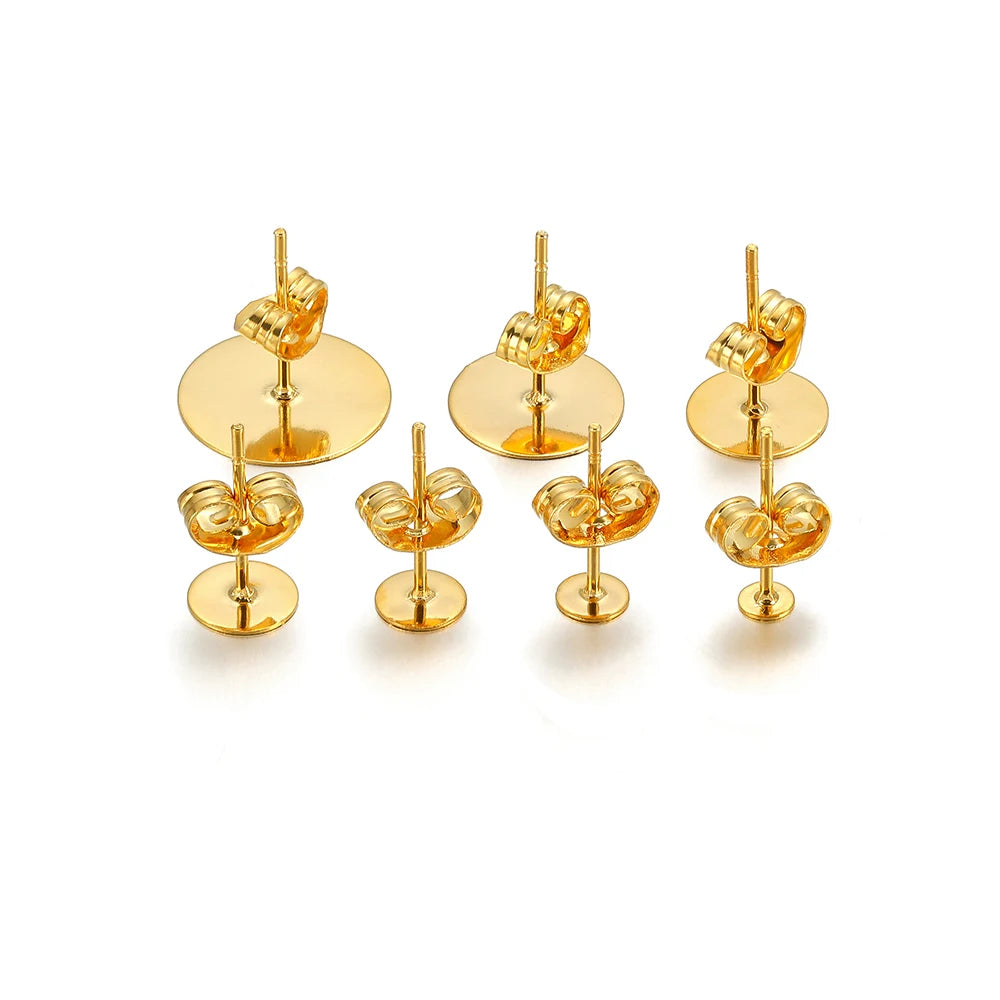 Gold round flat stud earring settings, small blank bases with hinge backs