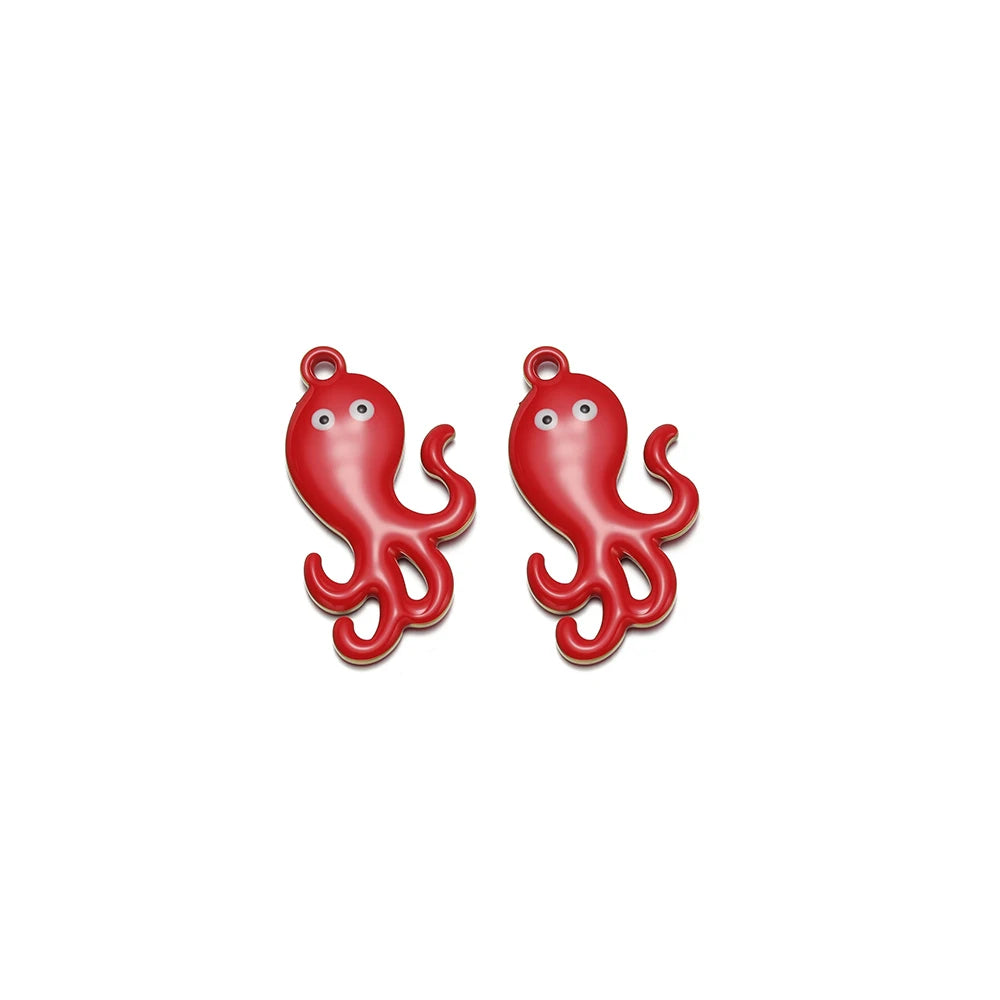 Two red enamel octopus pendant charms with ring hanging loops