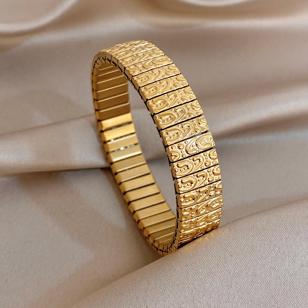 Irregular Geometric Textured Wide Bangle Bracelets Vintage Chunky Stainless Steel Elastic Watchband Bracelet Waterproof Jewelry
