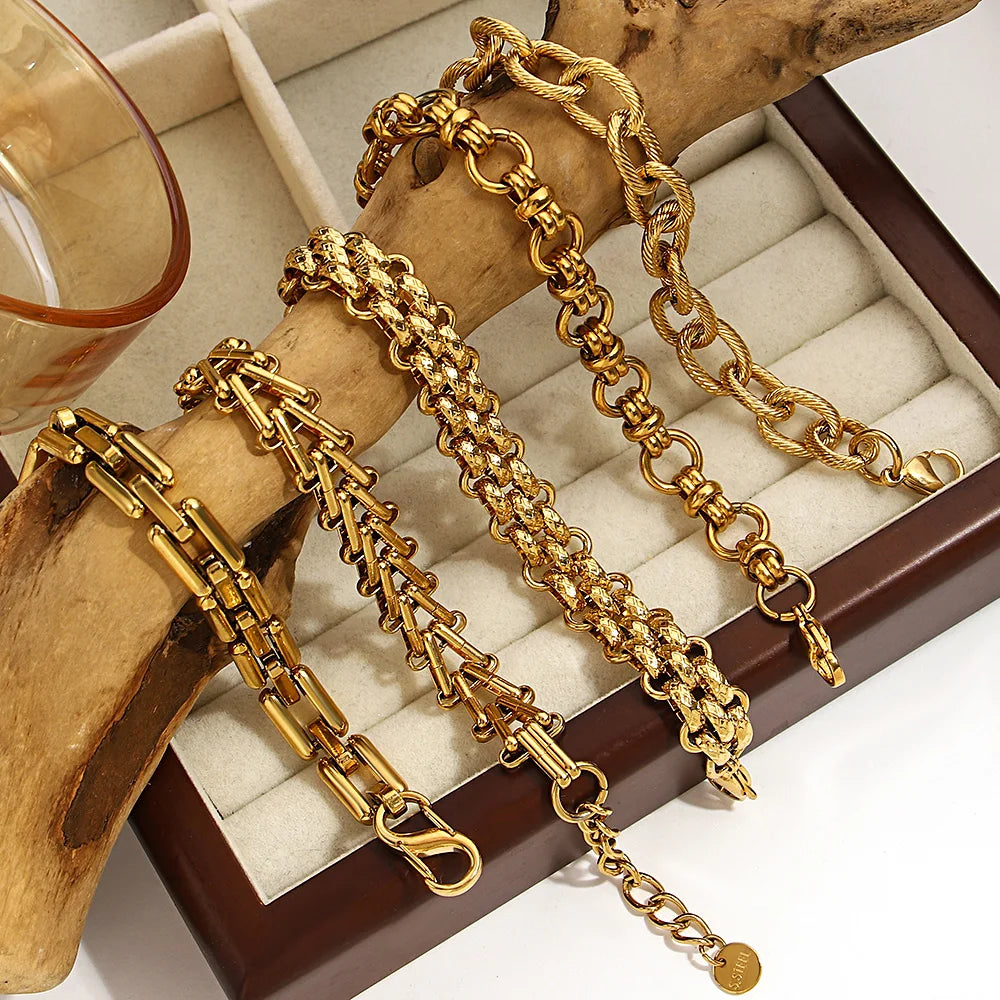 Fashion Gold Plated Stainless Steel Bracelets for Women Unique Geometric Circle Thick Chain Wrist Bracelet Waterproof Jewelry