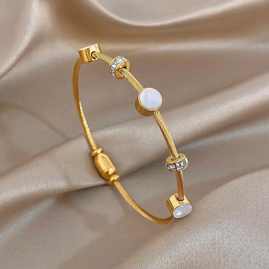 Chic Shell Rhinestone Twisted Stacked Bracelets for Women Elegant Gold Plated Stainless Steel Cuff Bangle Waterproof Jewelry